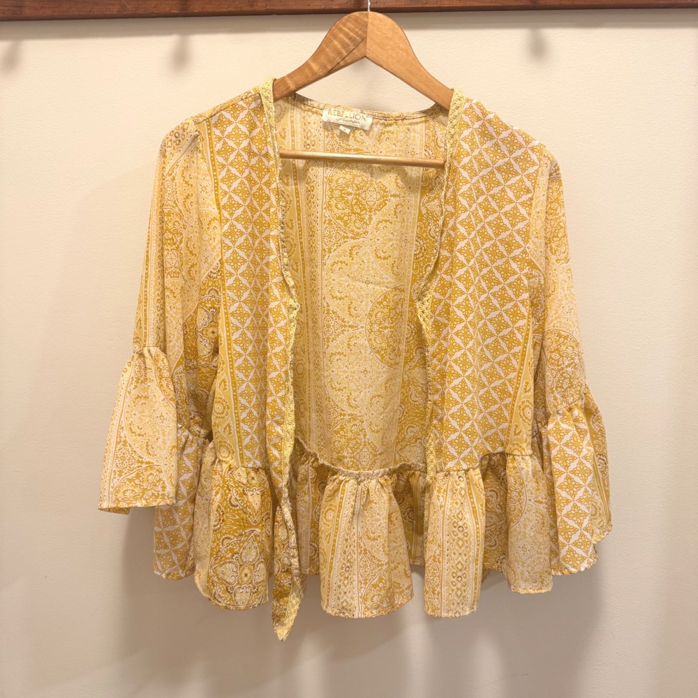 Rebellion Again Yellow Paisley Boho Peplum Kimono Ruffle Bell Sleeve Top Small